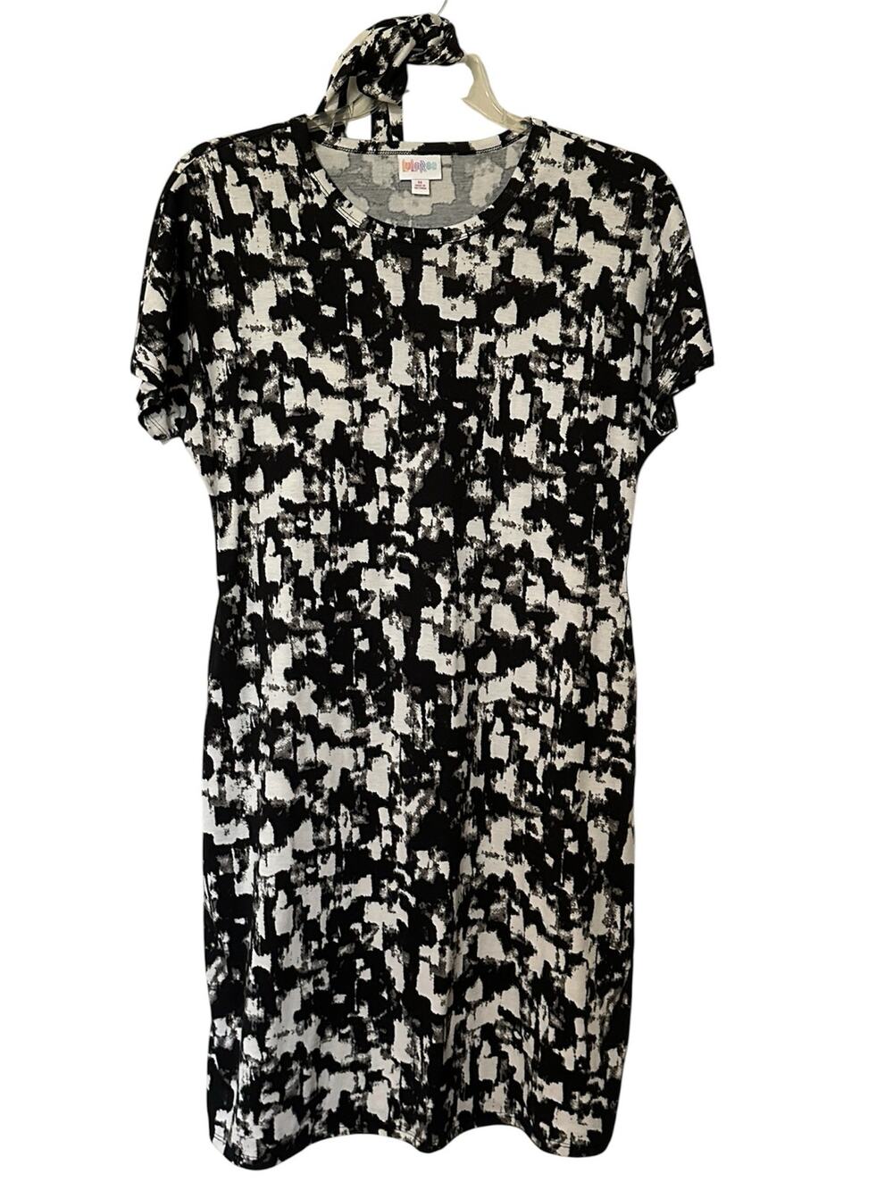 Lularoe Abstract Print Tie Waist Stretch Shift Dress Black White Women's Size M